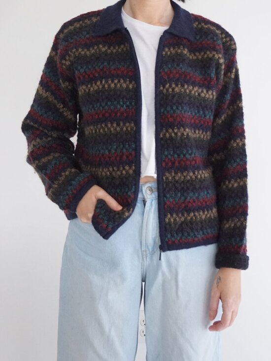 Sweaters - Vintage Paul Harris Navy Mohair Stripe Zip Collared Grandpa Knit Boho Sweater M